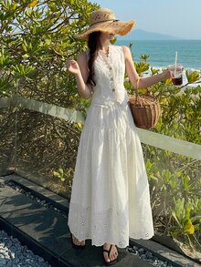 DAZY 女士蕾丝V领无袖短背心和长裙两件套度假套装夏季休闲套装 - 白色 - 查看 1
