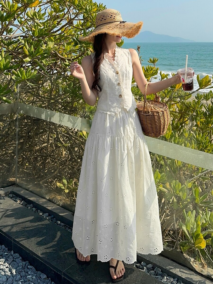 DAZY 女士蕾丝V领无袖短背心和长裙两件套度假套装夏季休闲套装 - 白色 - 查看 1