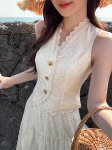 DAZY 女士蕾丝V领无袖短背心和长裙两件套度假套装夏季休闲套装 - 白色 - 查看 3