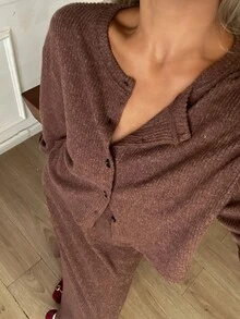 DAZY Women's Solid Color Long Sleeve Single-Breasted Top And Skirt Casual 2 Pieces Set Fall - Coffee Brown - View 5