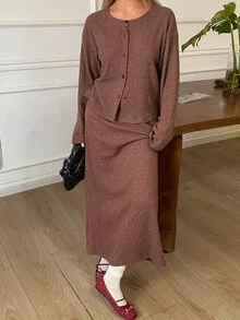 DAZY Women's Solid Color Long Sleeve Single-Breasted Top And Skirt Casual 2 Pieces Set Fall - Coffee Brown - View 3