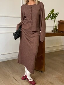 DAZY Women's Solid Color Long Sleeve Single-Breasted Top And Skirt Casual 2 Pieces Set Fall - Coffee Brown - View 2
