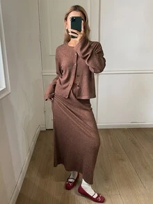 DAZY Women's Solid Color Long Sleeve Single-Breasted Top And Skirt Casual 2 Pieces Set Fall - Coffee Brown - View 6