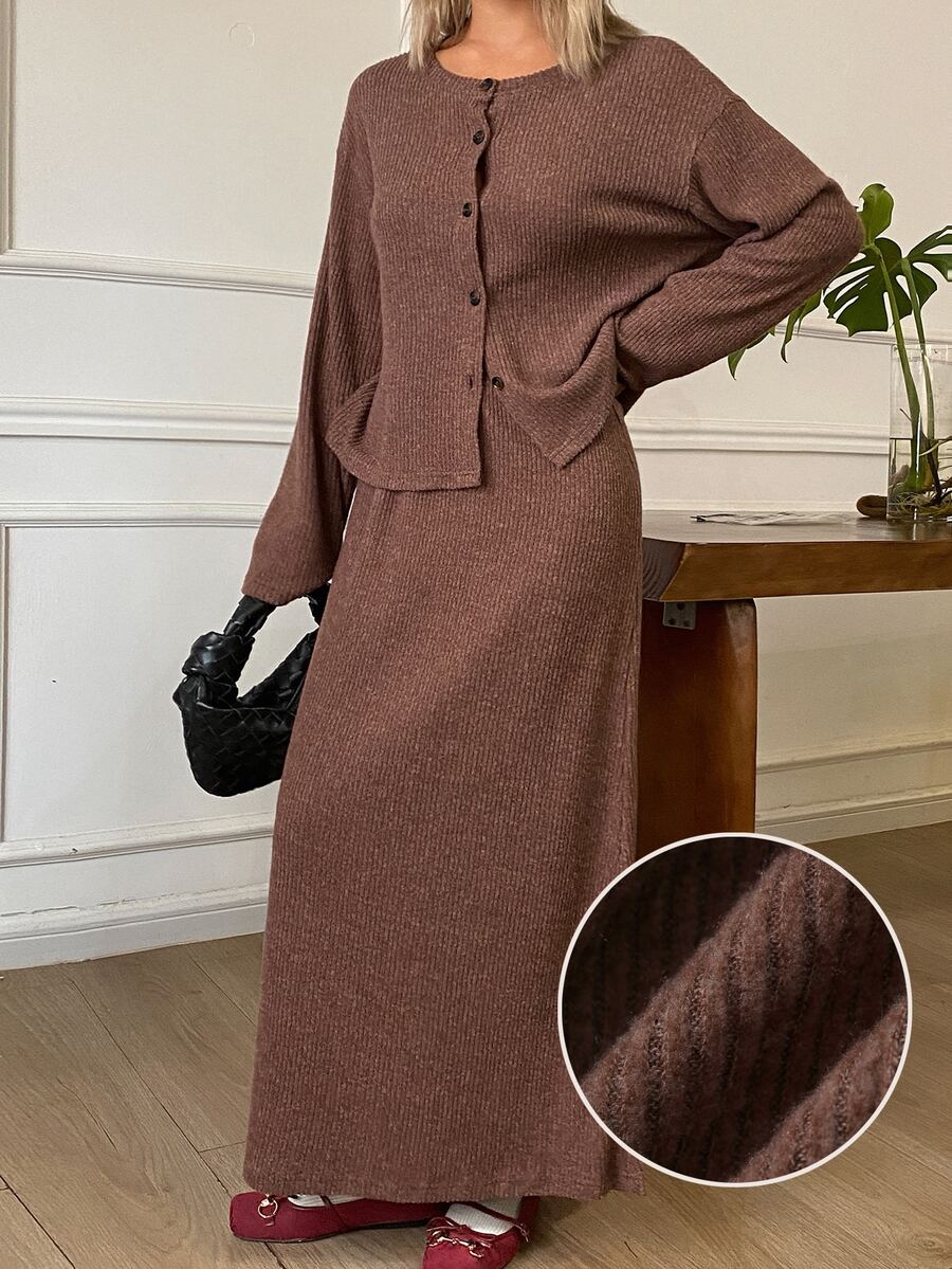 DAZY Women's Solid Color Long Sleeve Single-Breasted Top And Skirt Casual 2 Pieces Set Fall - Coffee Brown - View 1