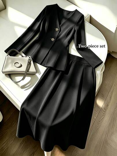 SHEIN Franclia 2026 Fall Winter Women's 2‑Piece Set, Smart Casual Elegant Tea Party V‑Neck Long Sleeve Blazer Top And Skirt Set Office Suit Outfit Festival Party