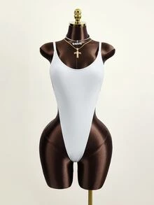 SHEIN Swim 女士純色無背一件式泳衣，適用於夏天海灘 - 白色 - 查看 2