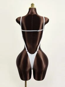 SHEIN Swim 女士純色無背一件式泳衣，適用於夏天海灘 - 白色 - 查看 3