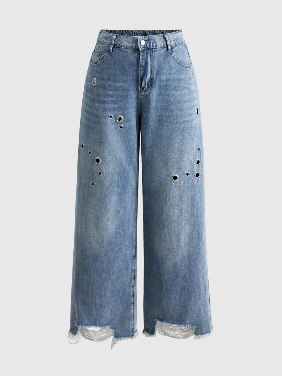 ROMWE Y2K Plus Size Women's Casual Daily Denim Wide Leg Pants With Pockets, Buttons And Eyelet Decor - Blue - View 1