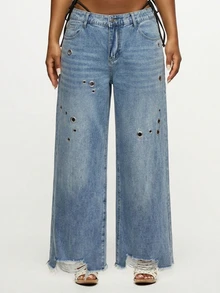 ROMWE Y2K Plus Size Women's Casual Daily Denim Wide Leg Pants With Pockets, Buttons And Eyelet Decor - Blue - View 1