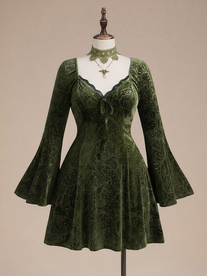 Goth Vintage Floral Pattern Dark Velvet Versatile Bell Sleeve Cinched Cinched Waist Plus Size Dress