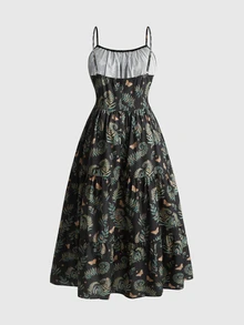 ROMWE Fairycore Summer Beach Boho Vacation Style Moon & Plant Vintage All-Over Print Plus Size Women's Spaghetti Strap Dress - Black - View 2