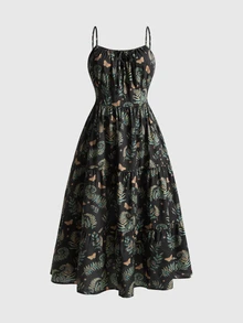 ROMWE Fairycore Summer Beach Boho Vacation Style Moon & Plant Vintage All-Over Print Plus Size Women's Spaghetti Strap Dress - Black - View 1