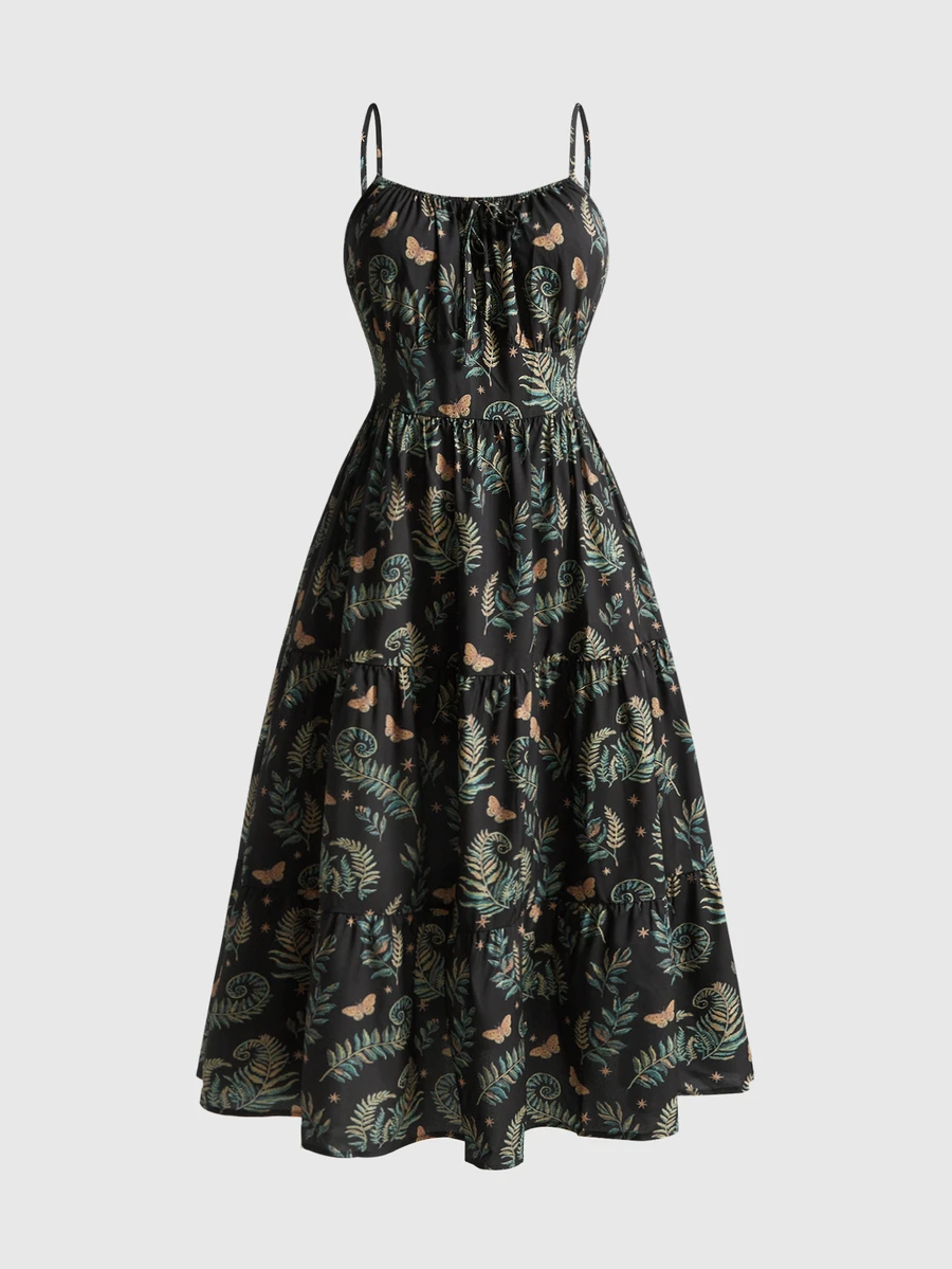 ROMWE Fairycore Summer Beach Boho Vacation Style Moon & Plant Vintage All-Over Print Plus Size Women's Spaghetti Strap Dress - Black - View 1