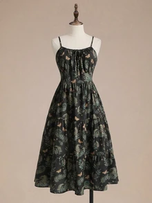 ROMWE Fairycore Summer Beach Boho Vacation Style Moon & Plant Vintage All-Over Print Plus Size Women's Spaghetti Strap Dress - Black - View 5