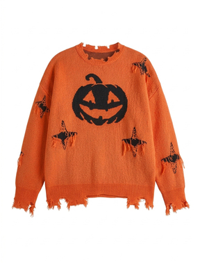 Street Life Halloween Kürbis Muster Ausgefranster Kragen und Saum Damen Große Größen Lockerer Pullover