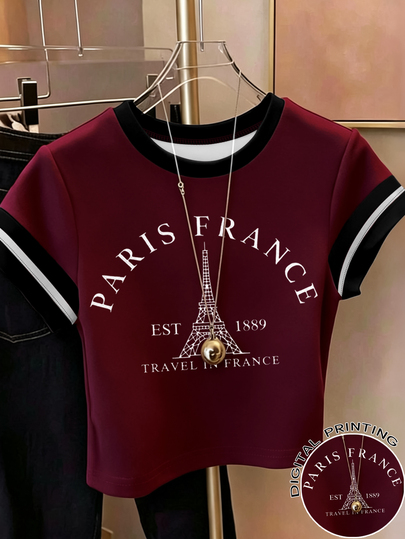 1pc Tween Girls Vintage Paris Eiffel Tower Print Cropped T-Shirt, Contrast Striped Short Sleeve Top, Burgundy Summer Casual Everyday Girls Top