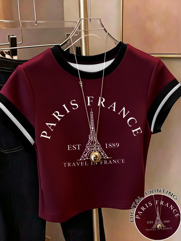 1pc Tween Girls Vintage Paris Eiffel Tower Print Cropped T-Shirt, Contrast Striped Short Sleeve Top, Burgundy Summer Casual Everyday Girls Top