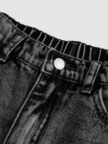 SHEIN 青少年女孩寬腿寬鬆休閒百搭牛仔褲，附口袋 - 黑色 - 查看 3