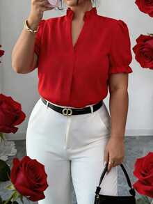 Elenzga Plus Size Elegant Solid Color Turndown Collar Blouse For Commuting - Red - View 5