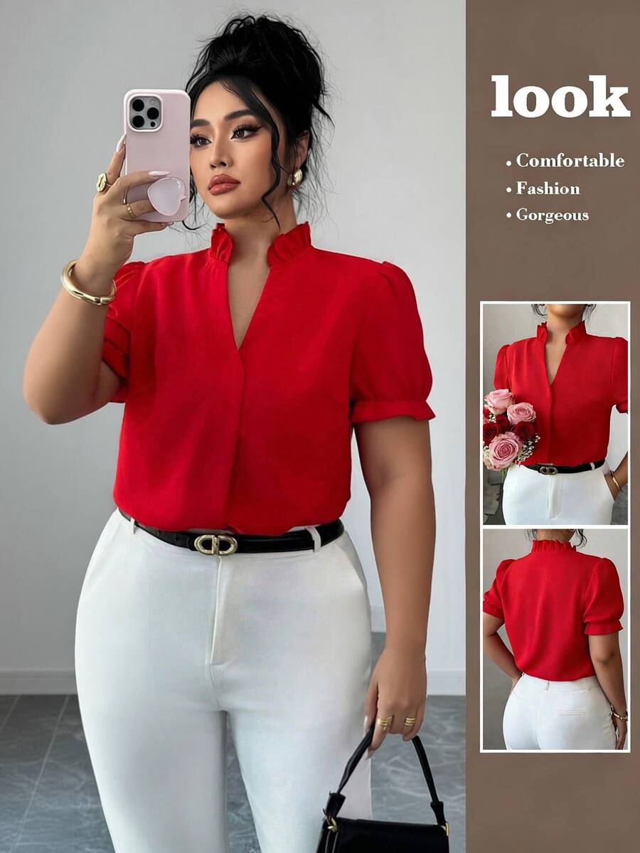 Elenzga Plus Size Elegant Solid Color Turndown Collar Blouse For Commuting - Red - View 1