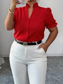 Elenzga Plus Size Elegant Solid Color Turndown Collar Blouse For Commuting - Red - View 3