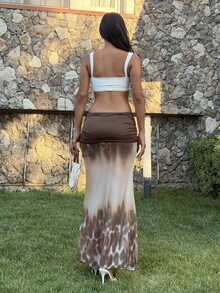 Ronhire 女士优雅性感豹纹网纱印花低腰撞色波西米亚风串珠吊坠装饰超长裙，适合海滩度假、音乐节、派对等场合。 - 黃色 - 查看 2