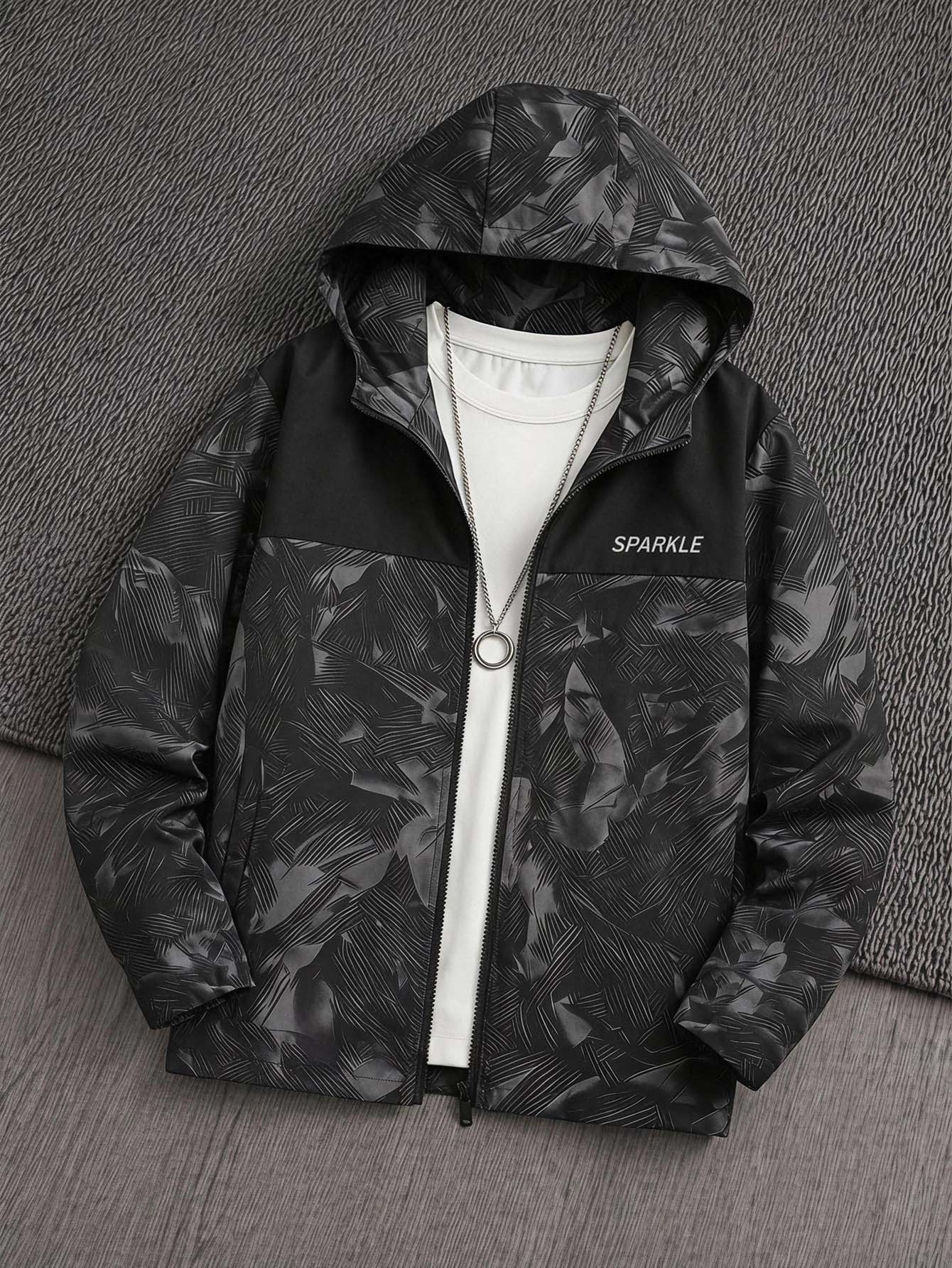 SHEIN 青少年男孩梭織連帽配色防風外套,戶外運動夾克大衣 - 黑色 - 查看 1