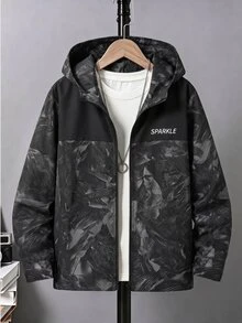 SHEIN 青少年男孩梭織連帽配色防風外套，戶外運動夾克大衣 - 黑色 - 查看 3