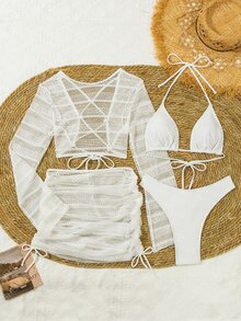 SHEIN Swim 纯色吊带比基尼套装 4 件套，比基尼套装海滩泳装泳衣音乐节夏季，夏季海滩 - 白色 - 查看 5