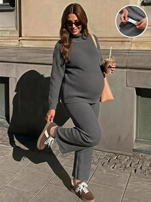 SHEIN Maternity Versatile Long Sleeve Top And Adjustable Waist Long Pants Sweater Set - Grey - View 1