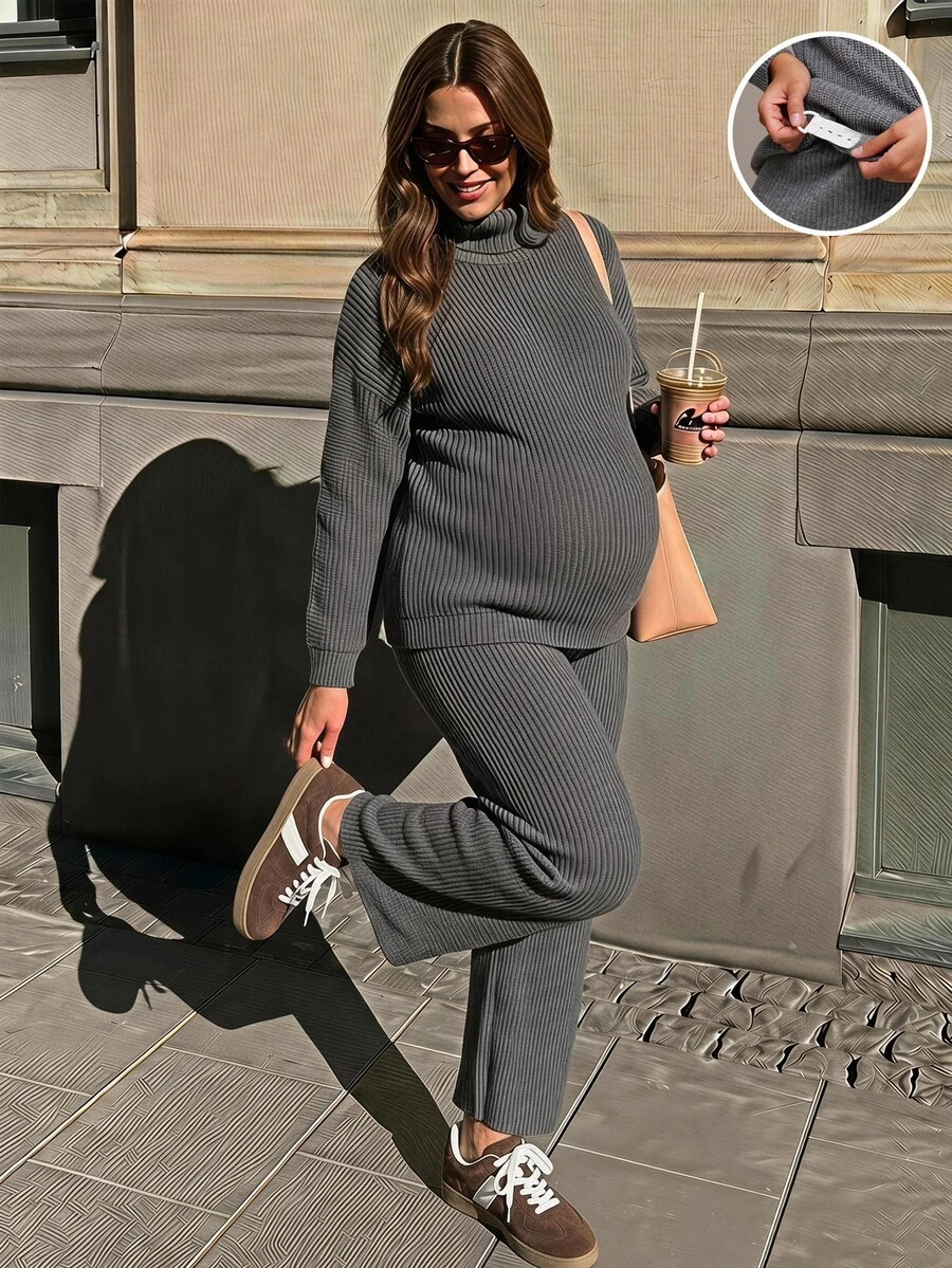 SHEIN Maternity Versatile Long Sleeve Top And Adjustable Waist Long Pants Sweater Set - Grey - View 1
