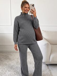 SHEIN Maternity Versatile Long Sleeve Top And Adjustable Waist Long Pants Sweater Set - Grey - View 3