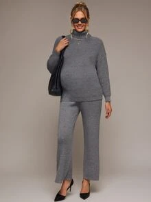 SHEIN Maternity Versatile Long Sleeve Top And Adjustable Waist Long Pants Sweater Set - Grey - View 6