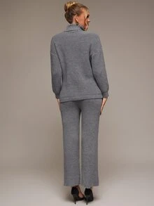 SHEIN Maternity Versatile Long Sleeve Top And Adjustable Waist Long Pants Sweater Set - Grey - View 7