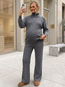 SHEIN Maternity Versatile Long Sleeve Top And Adjustable Waist Long Pants Sweater Set - Grey - View 10