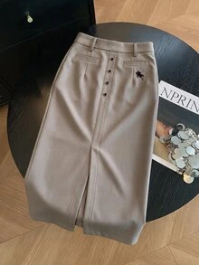 Feyla Rok Kasual Wanita dengan Motif Berkuda, Desain Kancing, dan Belahan di Bagian Bawah. - Khaki - View 7