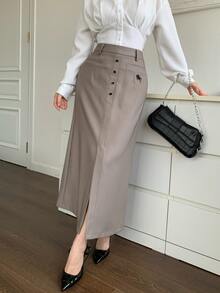 Feyla Rok Kasual Wanita dengan Motif Berkuda, Desain Kancing, dan Belahan di Bagian Bawah. - Khaki - View 5