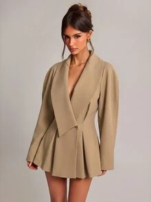SHEIN BAE 女款素色長袖百褶設計休閒西裝外套 - 卡其色 - 查看 6