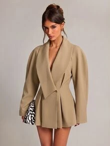 SHEIN BAE 女款素色長袖百褶設計休閒西裝外套 - 卡其色 - 查看 5