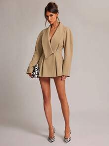 SHEIN BAE 女款素色長袖百褶設計休閒西裝外套 - 卡其色 - 查看 4