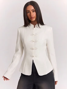 SHEIN BAE Fashionable Elegant Commuter Frog Button Blazer - Apricot - View 1