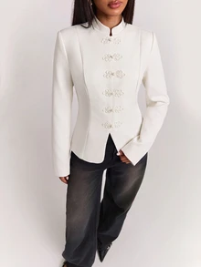 SHEIN BAE Fashionable Elegant Commuter Frog Button Blazer - Apricot - View 7
