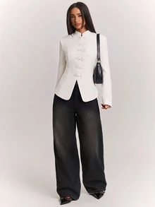 SHEIN BAE Fashionable Elegant Commuter Frog Button Blazer - Apricot - View 3
