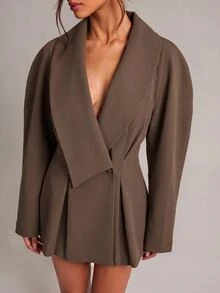 SHEIN BAE Women's Solid Color Casual Versatile Commute Travel Blazer - Coffee Brown - View 7