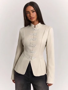 SHEIN BAE Fashionable Elegant Commute Solid Color Frog Button Blazer - Khaki - View 6