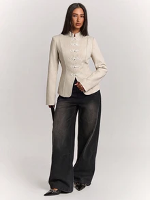 SHEIN BAE Fashionable Elegant Commute Solid Color Frog Button Blazer - Khaki - View 9