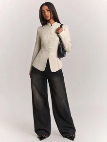 SHEIN BAE Fashionable Elegant Commute Solid Color Frog Button Blazer - Khaki - View 5