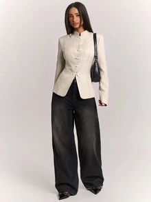 SHEIN BAE Fashionable Elegant Commute Solid Color Frog Button Blazer - Khaki - View 4
