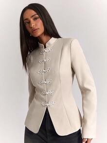 SHEIN BAE Fashionable Elegant Commute Solid Color Frog Button Blazer - Khaki - View 7