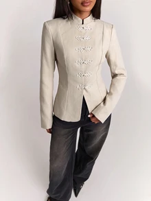 SHEIN BAE Fashionable Elegant Commute Solid Color Frog Button Blazer - Khaki - View 8
